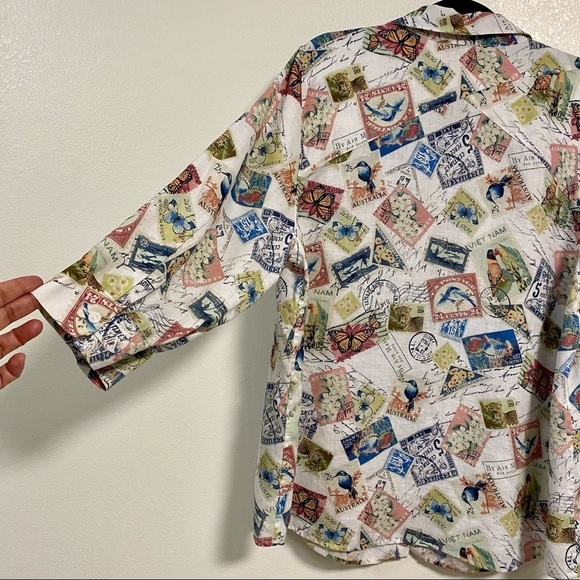 Chicos Shirt Women’s Size XL Stamp travel 100% Linen Non Iron button up Shirt - Picture 10 of 12